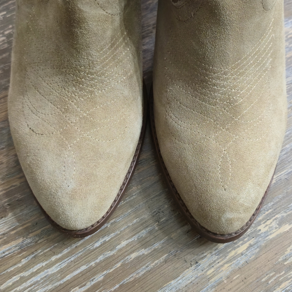 Frye Suede Western Ankle Boots Size 8 Tan Cowgirl Booties Stacked Heel - Picture 10 of 10